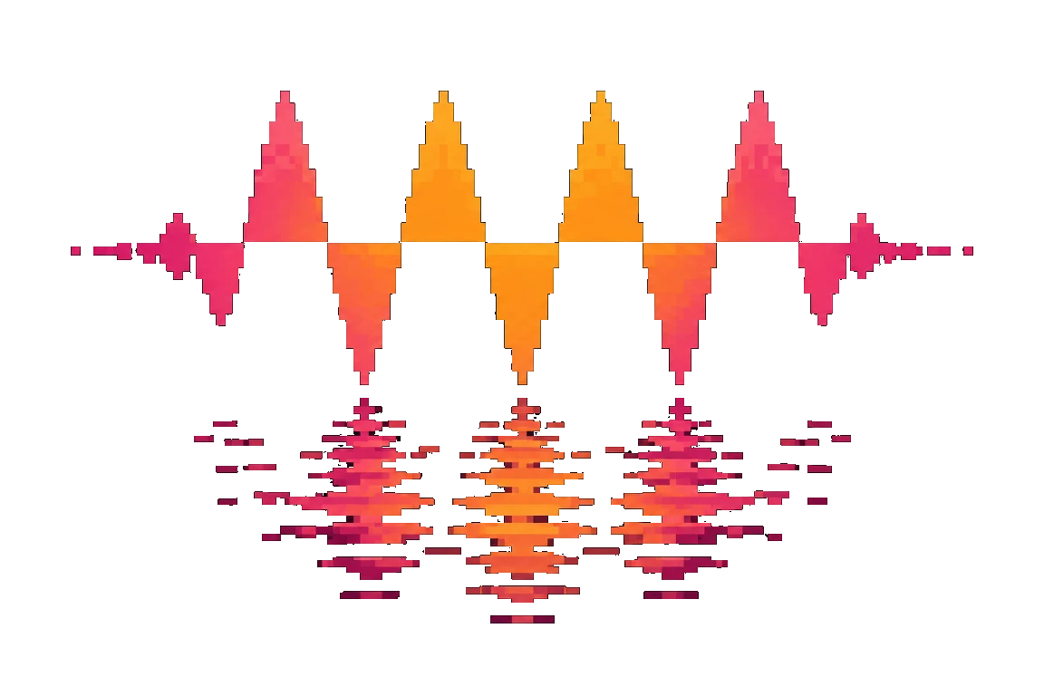Pixel-art sound wave in pink and orange, mirrored in its own reflection